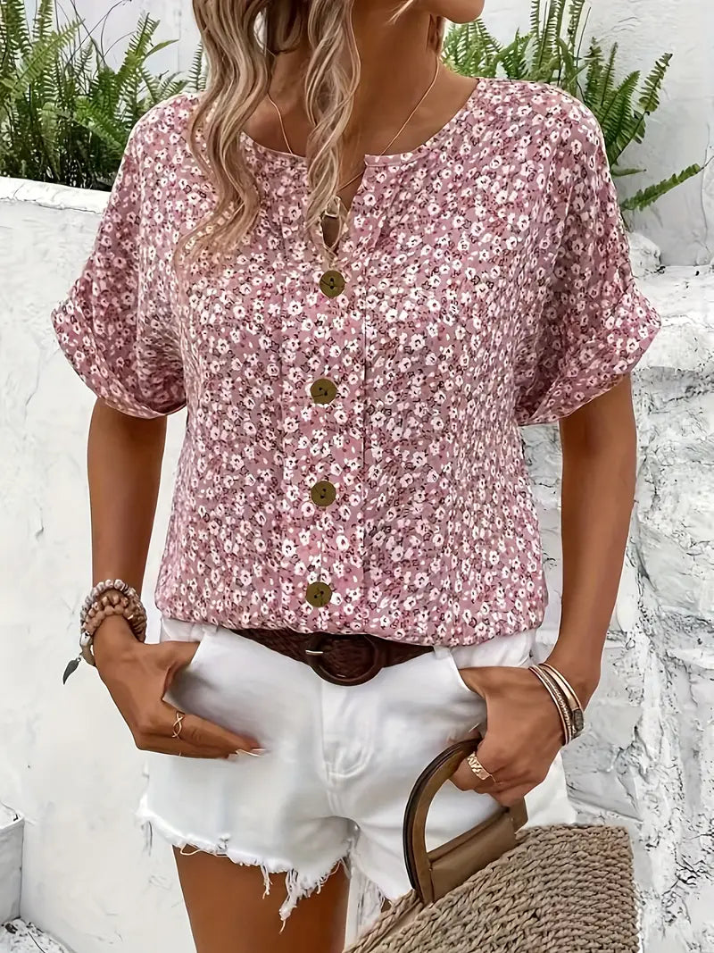 Eva - Floral Print Notched Collar Blouse